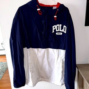 Polo Ralph Lauren Men Half Zip Windbreaker Sports Jacket hooded Blue White